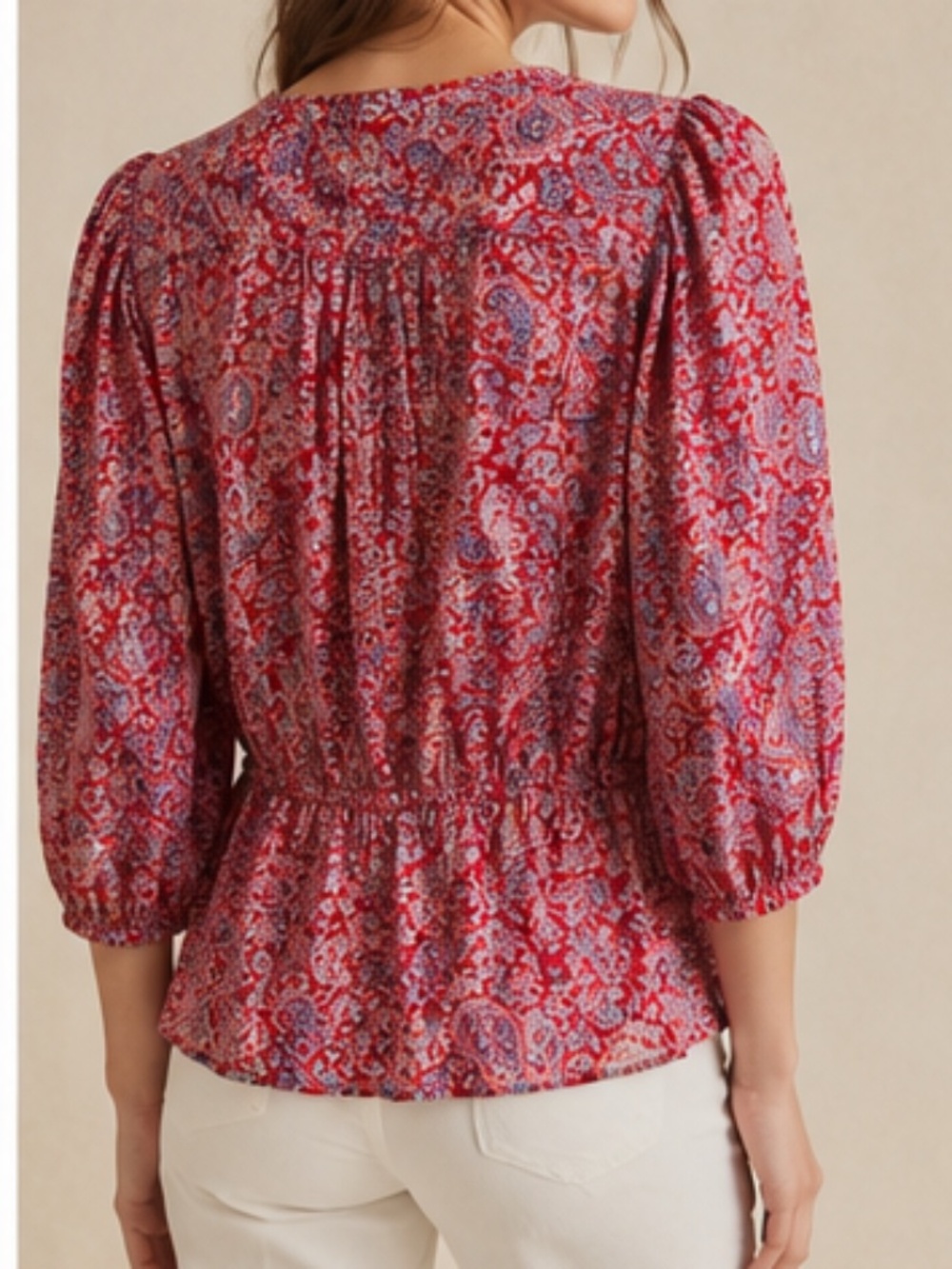 Chaps Boho Paisley Ruffle Neck Peasant Blouse Red Blue Gauze Top - Picture 3 of 9